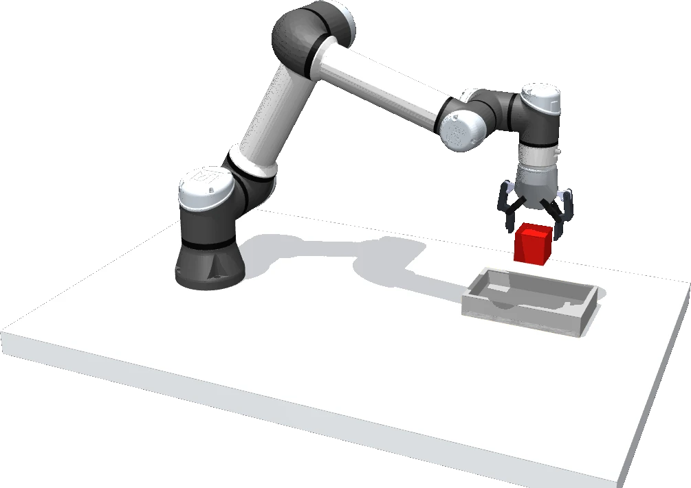 Robot moving a block toward a tray